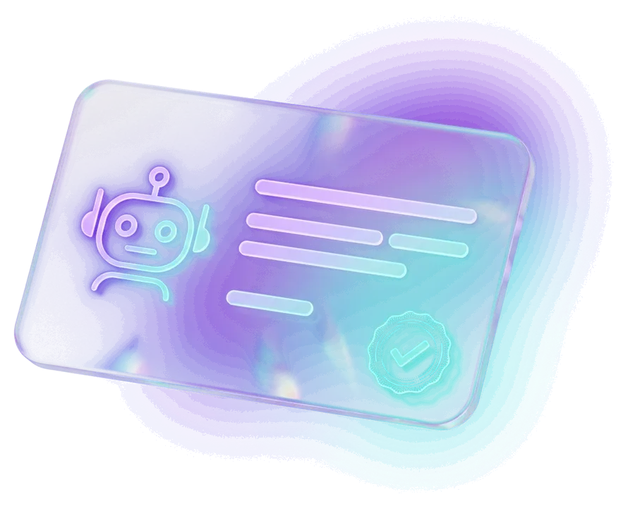 A glass Agent Card with a verified seal